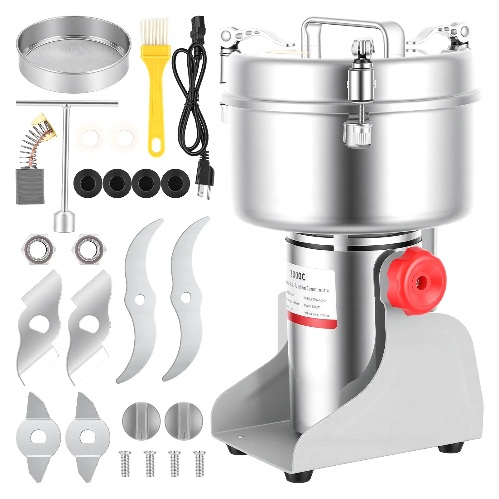 Electric Grain Mill Grinder - 4100W Motor High-Speed Stainless Steel Pulverizer, 2000g Capacity, 36000r/min, Auto Shut-Off, Fine Grinding for Home Kitchens, Wheat, Corn, Coffee Beans, Spices