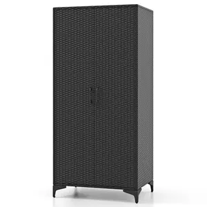 COSTWAY - 62 Inch Wicker Wardrobe with 2 Doors PE Rattan Closet with Hanging Rod-Black