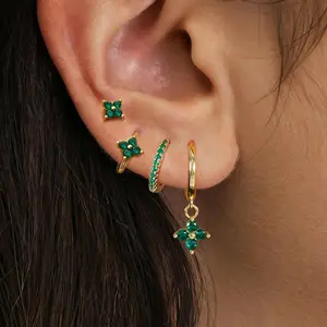 4pcs Fashion Cubic Zirconia Flower Hoop Earrings Set 18K Gold Plated Stainless Steel Stud Earring Piercing Jewelry aretes mujer
