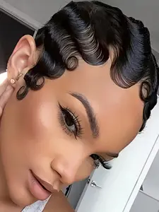 Short Finger Wavy Human Hair Wigs Curly Cute Pixie Cut Wig Glueless Put On And Go Wig for Women 80s 90s Retro African Wigs Deep Ocean Wave Pixie Cut with Rose Net Cap Cosplay Costume Halloween Party Daily Use