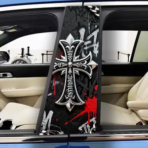 2 Pieces Graffiti Wind Engraved Gothic Cross Car Sticker - Durable Vinyl B-Pillar Protective Film, Majestic Eagle and Fish Pattern, Fantasy Themed Self-Adhesive Body Decor, Easy Installation, Weather Resistant Vehicle Accessories,