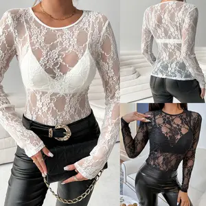 Slim Lace Floral T-shirt for Women - Long Sleeve Round Neck Sheer Top