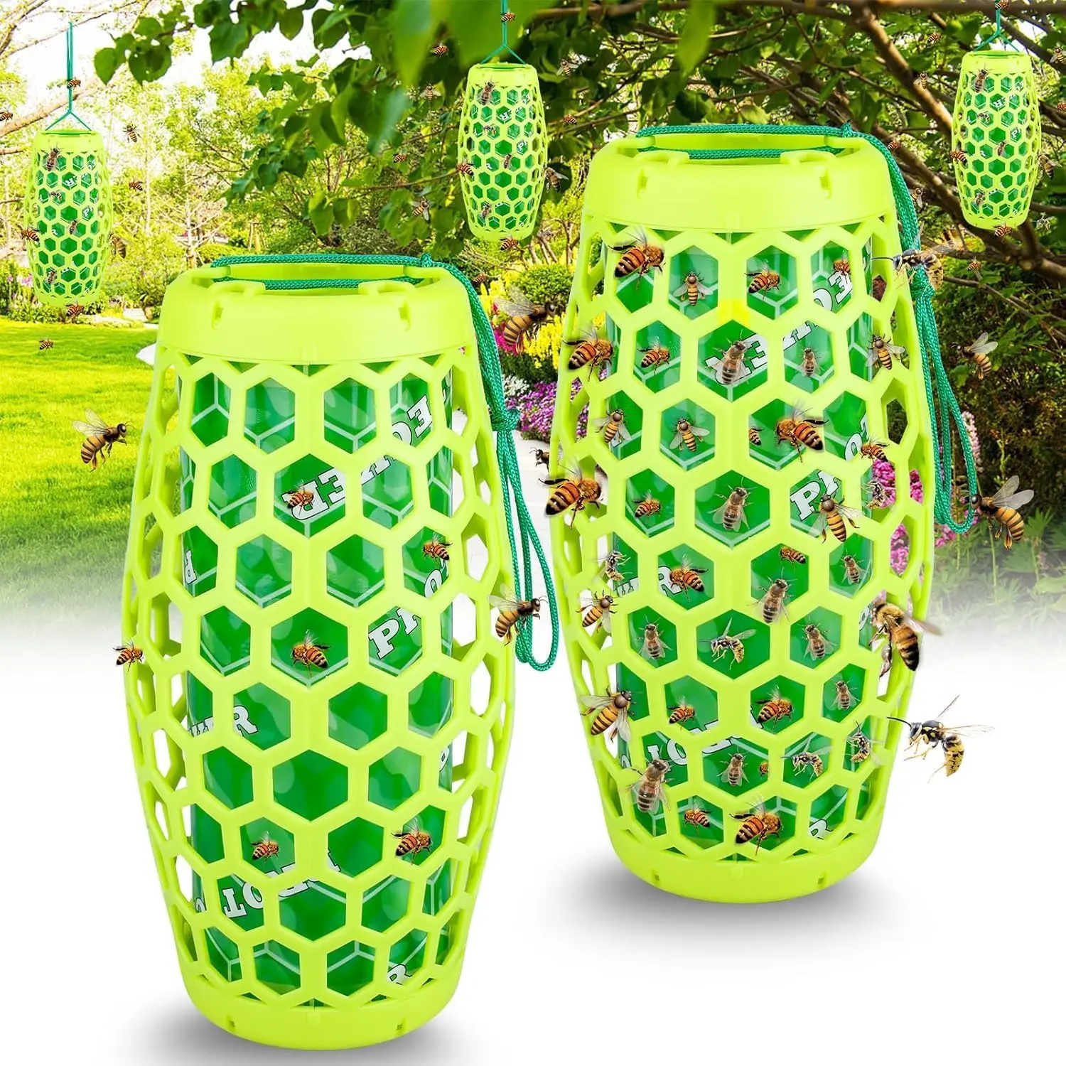 2 Pack Wasp Trap & Hornet Catcher - Outdoor Hanging Carpenter Bee Trap with 4 Sticky Boards, Non-Toxic Reusable Yellow Jacket Insect Catcher for Garden & Patio (Green)