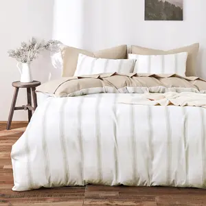 - Striped Duvet Cover Set, Farmhouse Coastal Style with Vtage Tickg Vertical Stripe , Soft Lightweight Beddg, 3-, Taupe Beige,  Size