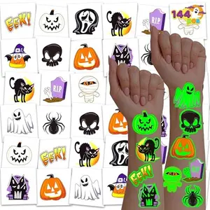 144 PCS Halloween Glowing Temporary Tattoos, 12 Designs Luminous Halloween Pumpkin Ghost Tattoo stickers for Kids Glow in The Dark Party Supplies Decoration Party Favors Trick or Treat Gifts