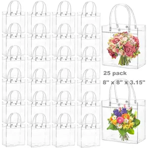25 Pack 8"x3.1"x8" Clear Gift Bags Square Transparent PVC with Handles Waterproof for Perfume Bakery Presents Birthday Party Favor