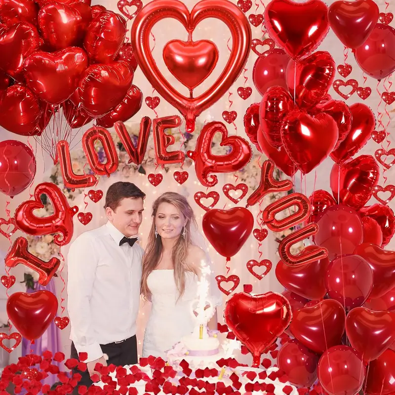 I Love You Balloons I Love You Balloons Kit – Red Heart Mylar Balloons with Red Rose Petals, Romantic Valentine’s Day, Wedding, Anniversary & Party Decorations