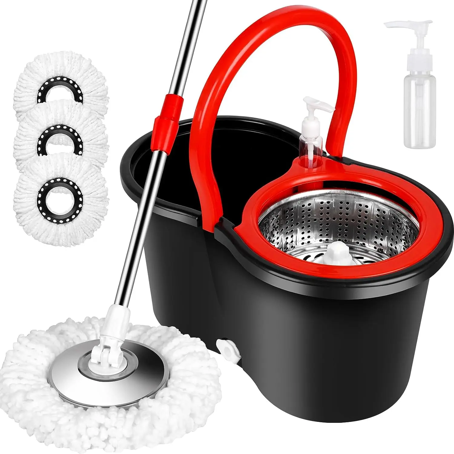 360° Spin Rotating Head Microfiber Mop and Bucket Complete Kit - 61in Stainless Steel Adjustable Extendable Lightweight Pole, Plastic Bucket, 3 Reusable Washable Absorbent Microfiber Mop Heads, Kitchen Cleaning Supplies