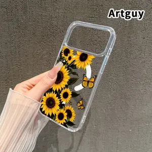 Sunflower Butterfly Symphony Pattern Magnetic Phone Case for iPhone 17 16  Pro Max Plus 15 14 13 12 11 Air E Non-Yellowing Clear Crystal Drop-proof Slim Silicone Shockproof Transparent Acrylic Large Hole Cover Supports Wireless Charging