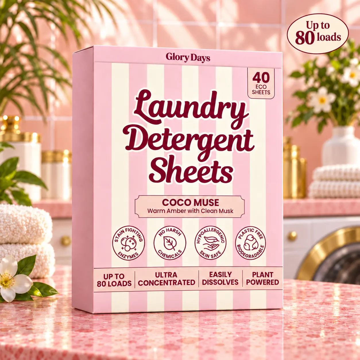 Laundry Detergent Sheets – Enzyme-Powered, Plastic-Free, Gentle on Skin – 40 Sheets 80 Loads HE Compatible - Glory Days, Laundry Wash, Household Laundry Detergent Laundry Detergent Bulk He Detergent Pacs