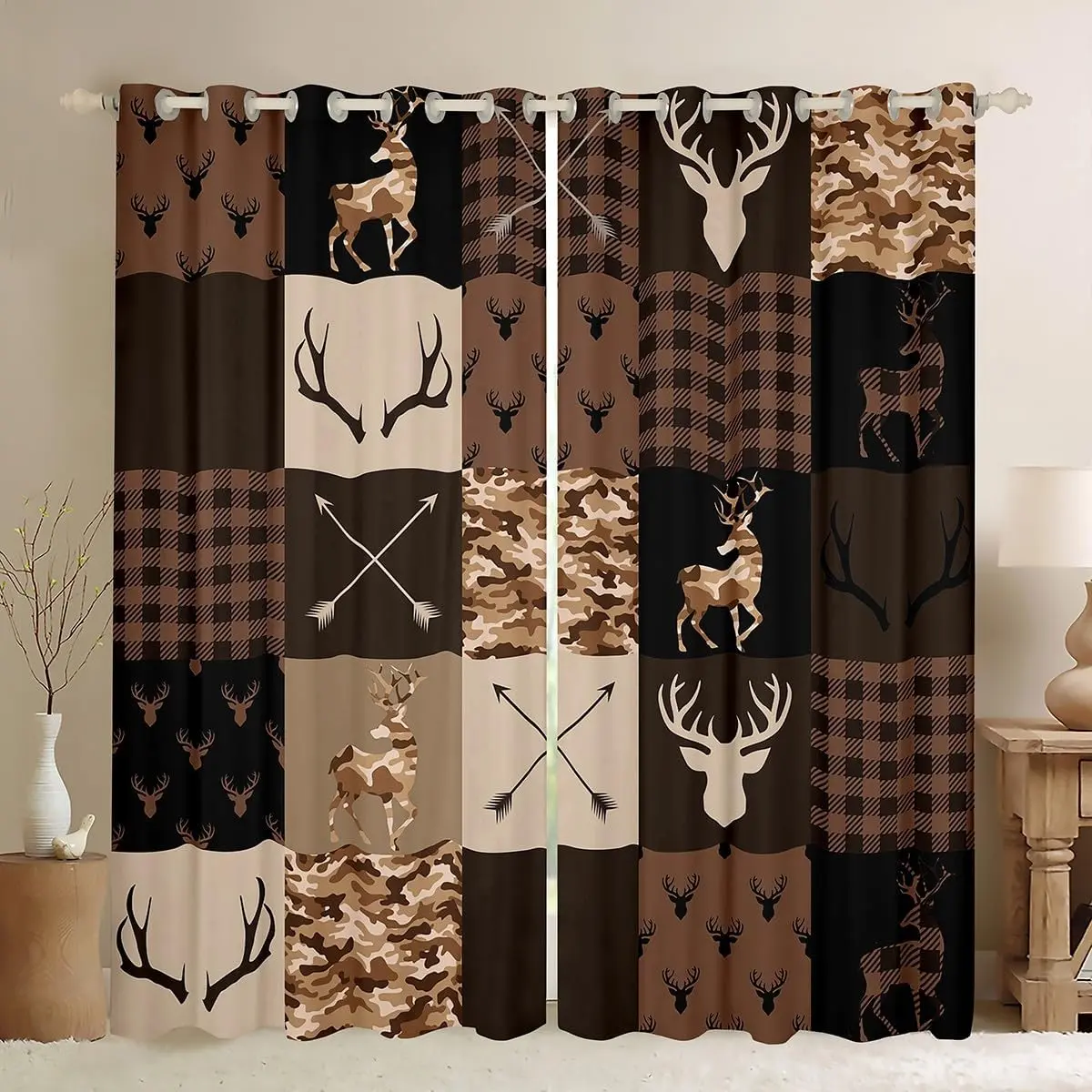 Antler Silhouette Blackout Curtains,Camo Brown Rustic Window Drapes Adults Xmas Cottage Decor,Stylish Plaid Grids Arrows Boho Window Treatments Grommet Top Panel Set