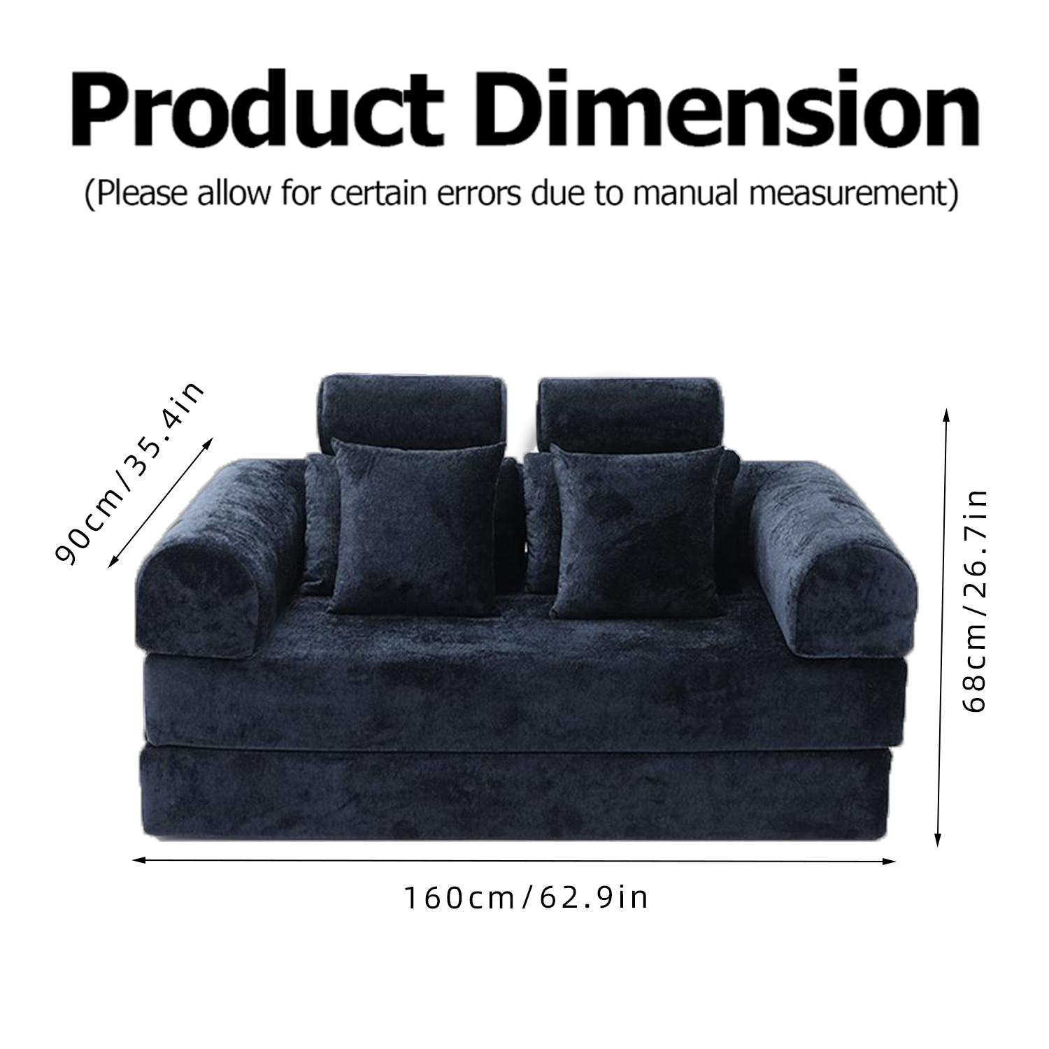 Large size double boneless convertible folding sofa bed with fixed shape frame and storage bag. Headrest design with pillow for dual comfort