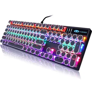 Typewriter Style Mechanical Gaming Keyboard, Black Retro Punk Gaming Keyboard with RGB Backlit, 104 Keys Blue Switch Wired Cute Keyboard, Round Keycaps for Windows/Mac/PC