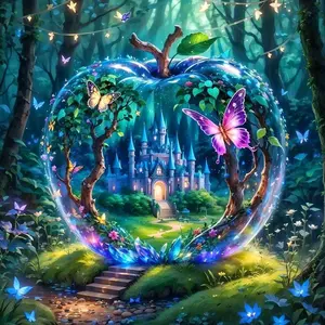 5D DIY Full Diamond Round Diamond Painting - Diamond Art Kit Castle Apple Butterfly Mosaic, Canvas - DIY Decorative Painting, Home Wall Decor, Suitable for Halloween and Christmas, Birthday and Anniversary Gifts