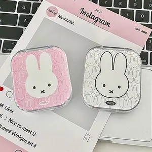 Bunny Cosmetic Organizer Portable Double-Compartment Contact Lens Case with Mirror for Women Cute Cartoon Storage Box