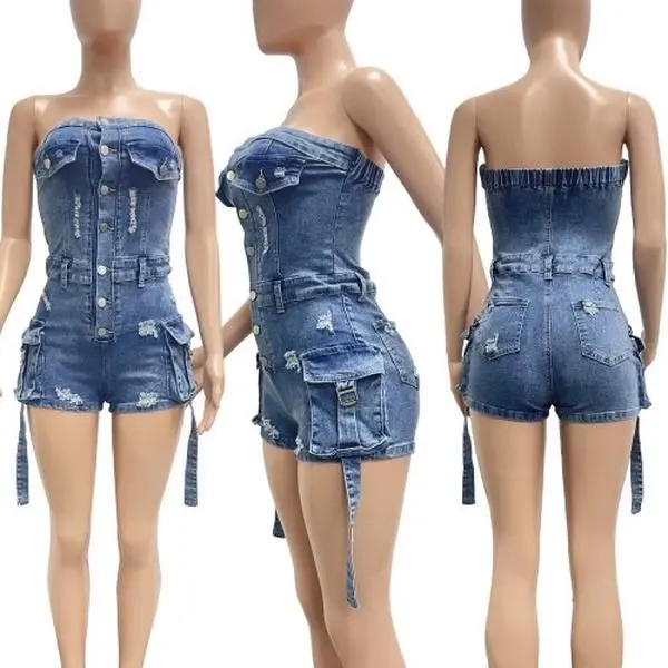 Women’s fitted, denim cargo romper