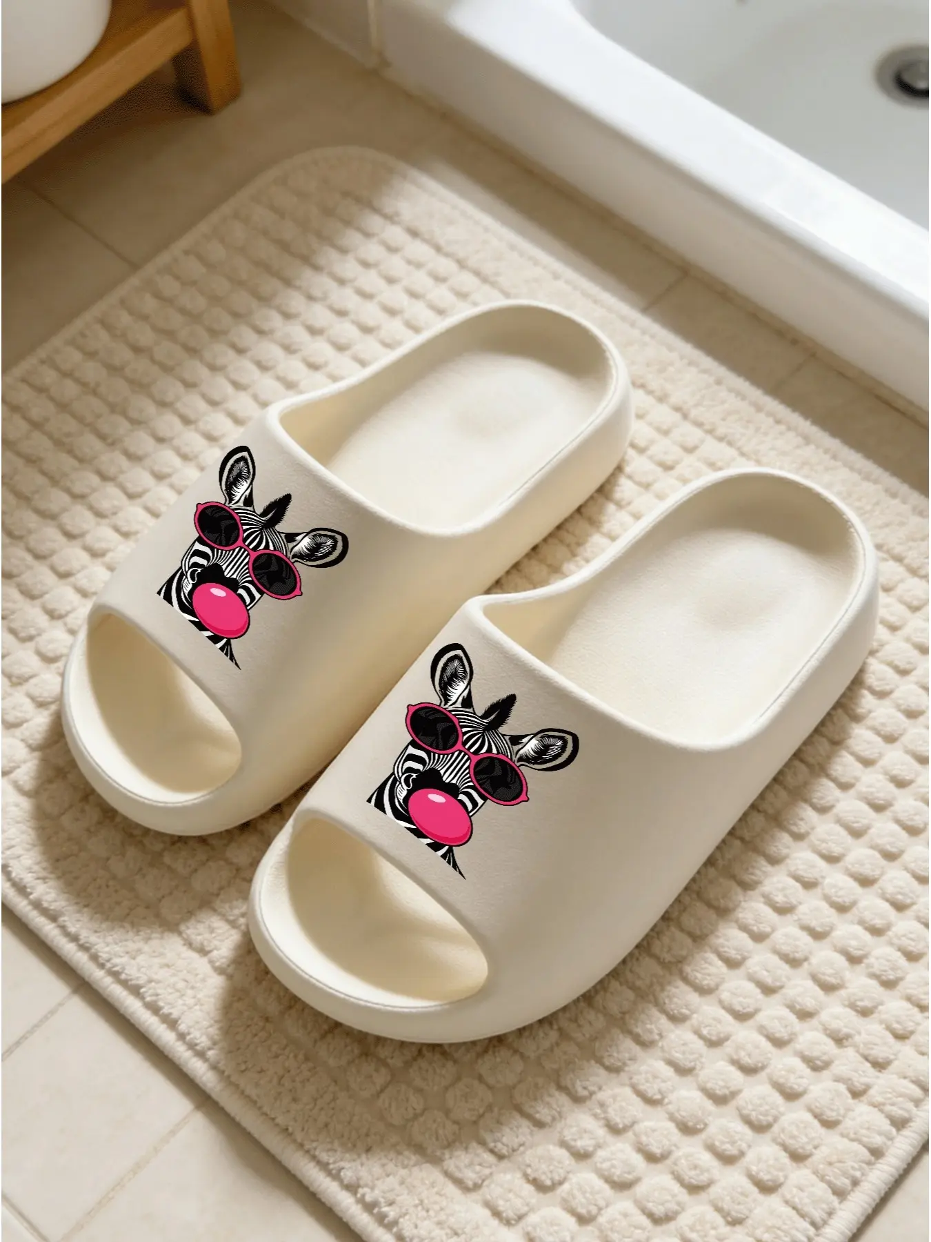 Women's Zebra Print Eva Slippers, Fun Bubble Gum Design, Soft Non-Slip Sole, Casual Indoor Footwear, Perfect for Home and Bathroom