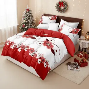 Red White Butterfly 5-Piece Duvet Cover Set, Luxury Microfiber with 2 Pillowcases & 2 Cushion Covers, Thermal Regulating Wrinkle & Fade Resistant for All-Season Queen/King/Cal King | Christmas Bedroom Refresh