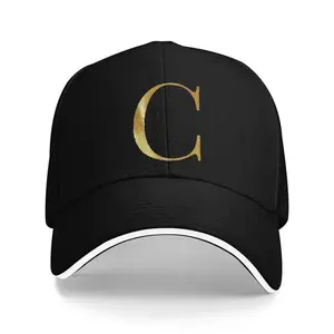 Men's Retro Black Baseball Cap with Golden Embroidered Letter C - Adjustable Buckle, Breathable Oxford Lining, High-Quality Polyester for Sports & Outdoor Fashion