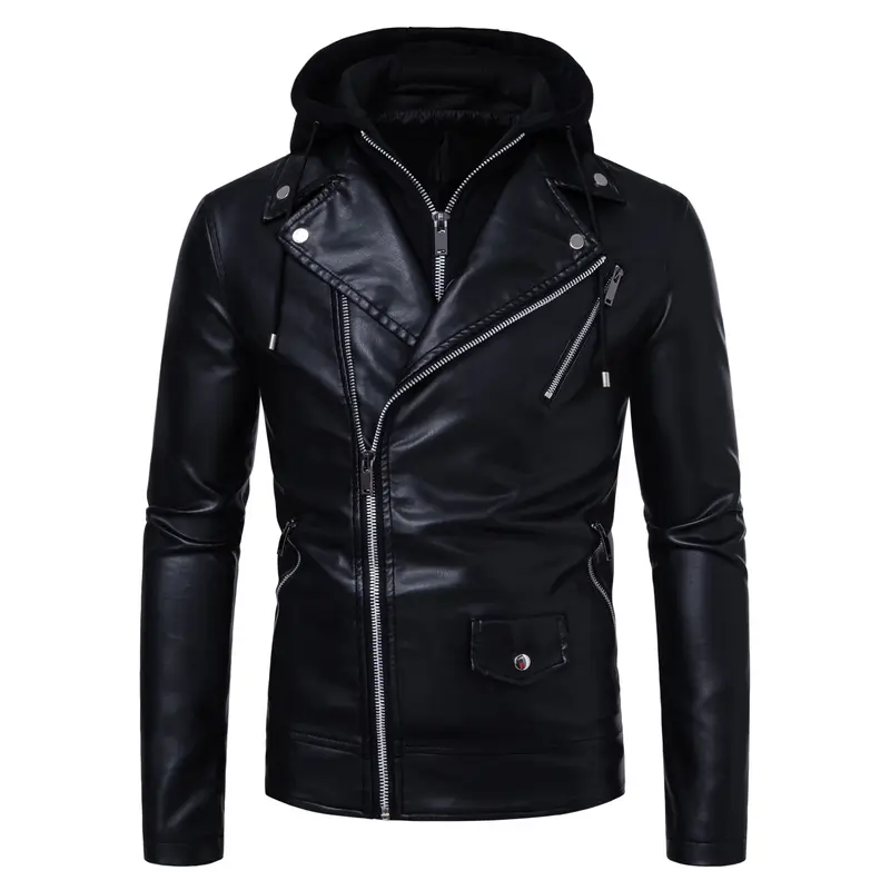 Men's fashionable black PU leather jacket - A versatile and fashionable black mid-length hooded motorcycle leather jacket for winter stand-up collar casual men. Besides keeping warm for men