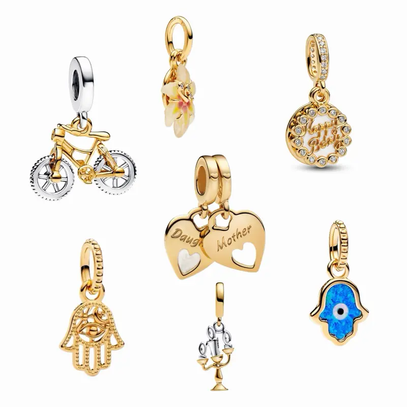 925 Sterling Silver Gold Plated Charms – Love, Flowers charms, hand Hamsa, mother and daughter