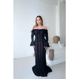 "Tessa" Off Shoulder Long Sleeve Maxi Dress-Black Formal Mesh Stretchy Zipper