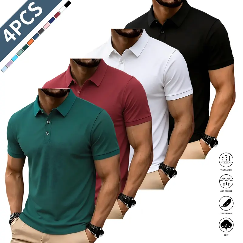 Men's Casual Button-Front Polo Shirt 4-Piece Set (TOOTD Collection) - Dark Green,Burgundy,White,Pink,New Year Menswear,Loose Fit,Stretch 200+ GSM Heavyweight Fabric,Elastic Cuffs,Plain Solid Color,Golf,Summer Work/Everyday Short-Sleeve Top,No Irritation