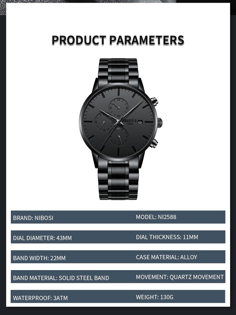 【Clearance sale】NIBOSI Men's Watches Analog Minimalist Black Dial Watches for Men Business Chronograph Military Casual Wrist Watches Stainless Steel Strap Date