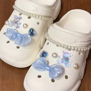 USOQ 12pcs Blue Bow Tie Bling Shoe Charms for Crocs Women Flower Pearl Shoes Decoration Charm Rhinestone Shoes Chain Charm Cute DIY Shoe Accessories for Birthday Party