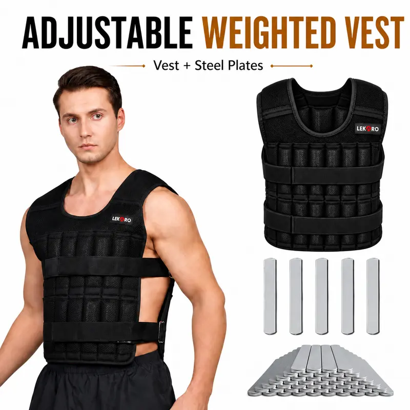 LEKARO Multi-Level Adjustable Weighted Vest for Men & Women, 22-44lb Muscle Training Equipment with 96 Rust-Resist Steel Plates, 32 Weight Pockets, Easy-Adjust Velcro Straps, Heat-Dispersing Double Nylon Mesh, Soft Padding, Impact Cushioning