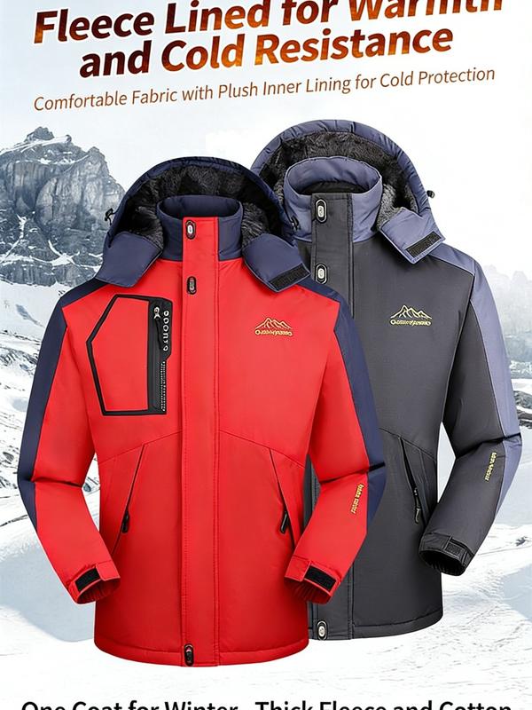 Men's Winter Windproof Waterproof Snow-Fleece Hoodie – Thick, Warm Cold-Weather Jacket; Features a Removable Hood & Zippered Front Closure; Perfect for Outdoor Sports, Hiking & Everyday Commuting; A Versatile Must-Have Piece for Men's Wardrobes