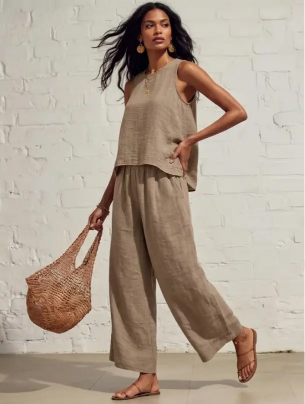 MAGNIFI Women's Casual Two Piece Sets Sleeveless Tank Top High Waist Wide Leg Pants Outfit For Vacation Daily Wear