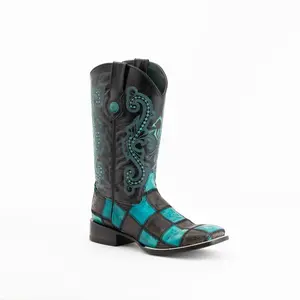 Ferrini Women’s Patchwork Western Boots Black Teal Square Toe