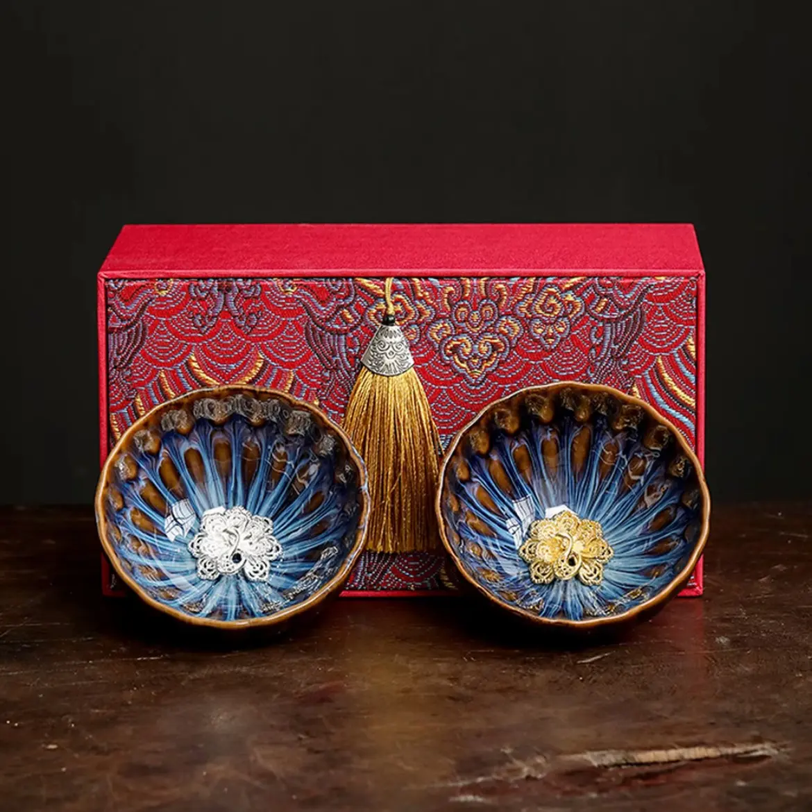 Lotus Caisson Pattern Kiln Glaze Pair Cups, Tea Set Gift Box, Wedding Birthday Cultural Souvenir