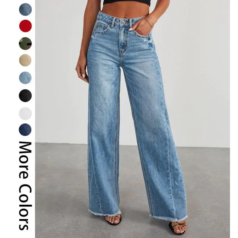 Women's Stretchy Denim Trousers - High Waisted, Long, Casual Style with a Flowy Wide Leg and Raw Hem, Trouser, Lady, Casual Wear, Loose Denim Pants, Basic, Jeans, Blue, Bottoms, High Waisted Baggy, Mixed, Full Length