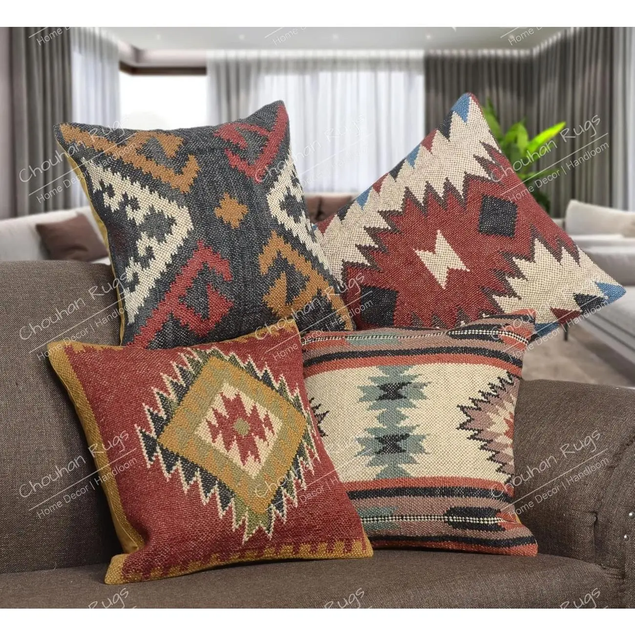 Hand Woven Jute Kilim Cushion Covers - Vintage Indian Style - 18x18 - Set of 4 (Pattern 5)