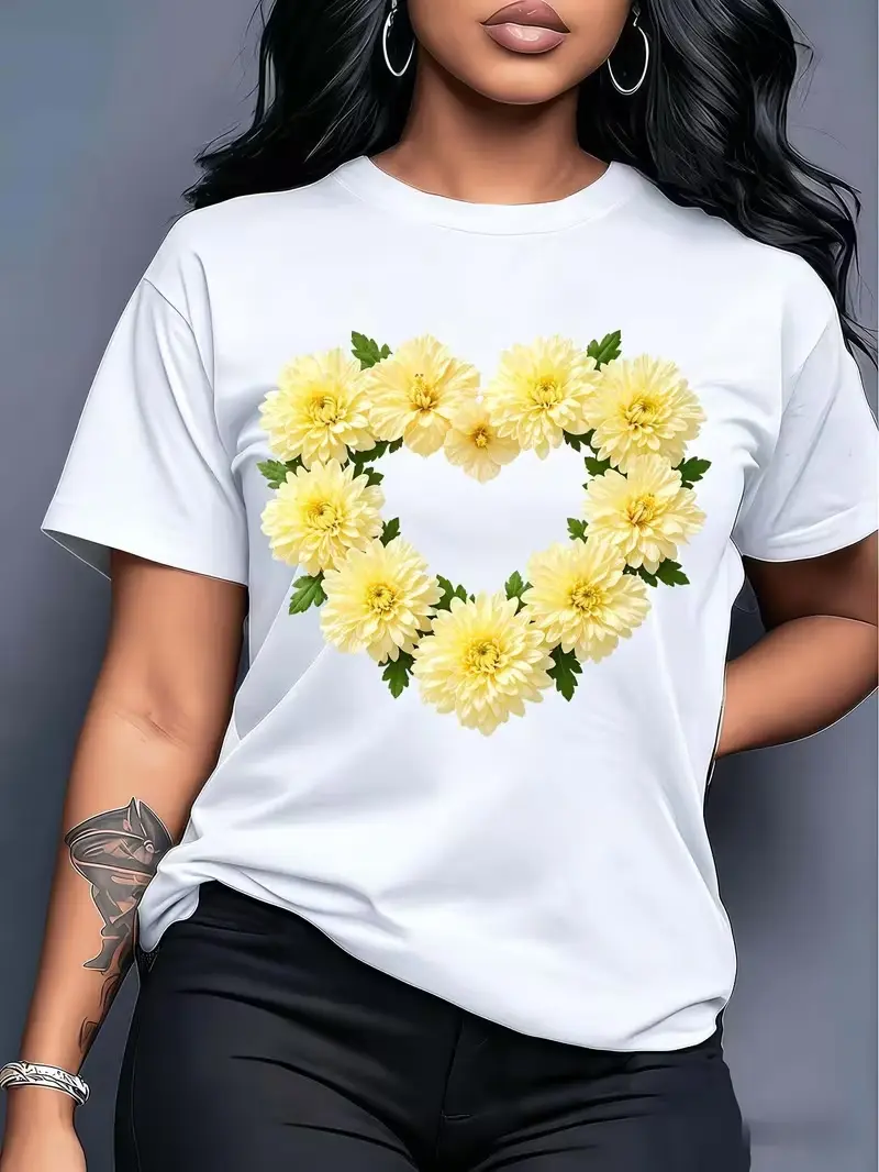 Women Soft Pale Yellow Dahlia Chrysanthemum Flower Heart Wreath Graphic T-Shirt Soft White Cotton Short Sleeve Top Boho Cottagecore Flower Lover Romantic Valentine Daily Wear Tee
