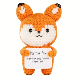 Handmade Crochet Positive Fox Figurine with Message Card - Cute Orange and White Knit Fox Car Dashboard Decor Emotional Support Crochet Figure
