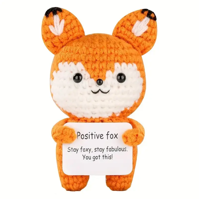 Handmade Crochet Positive Fox Figurine with Message Card - Cute Orange and White Knit Fox Car Dashboard Decor Emotional Support Crochet Figure Crochet Animals