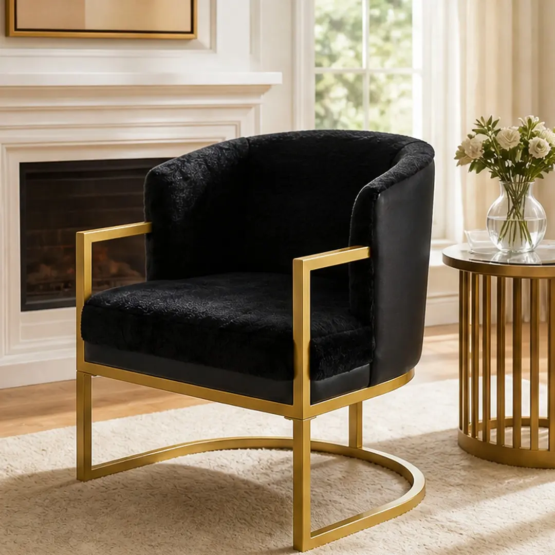 ARCH Modern Upholstered Accent Armchair - Plush Style Armchairs with Iron Gold Metal Frame, Faux Rabbit Fur, Polyester, High-Density Foam Cushion, Ergonomic Curved Backrest, Armrest for Living Room Bedroom, Black, 28.10 W x 27.50 D x 31.10 H in, 32.85 lb