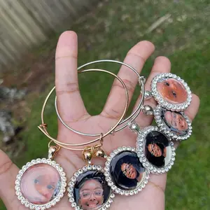 Photo Charm Custom Bracelet Bangles with Personalized Round Frames and Rhinestone Accents for Unique Jewelry