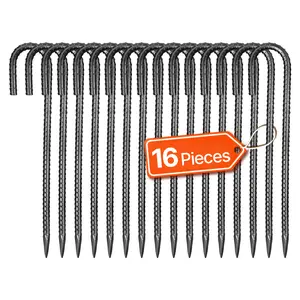 VEVOR Rebar Stakes,  12-Inch, Heavy-Duty 0.4 in Diameter J Hook, Galvanized Steel Ground Anchors with Chisel Point End & Rust-Resistant Coating, for Gardening Support, Fence, Camping Tents (16-Pack)