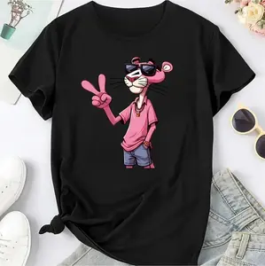 [100% Cotton] Cartoon Graphic Casual T Shirt For Women Pink Panther Print Round Neck Polyester Blend Knit Top Stylish Sporty Windbreaker All Season Wear Golf Gift T-Shirt For Men And Women  Golf Gift T-Shirt For Men and Women