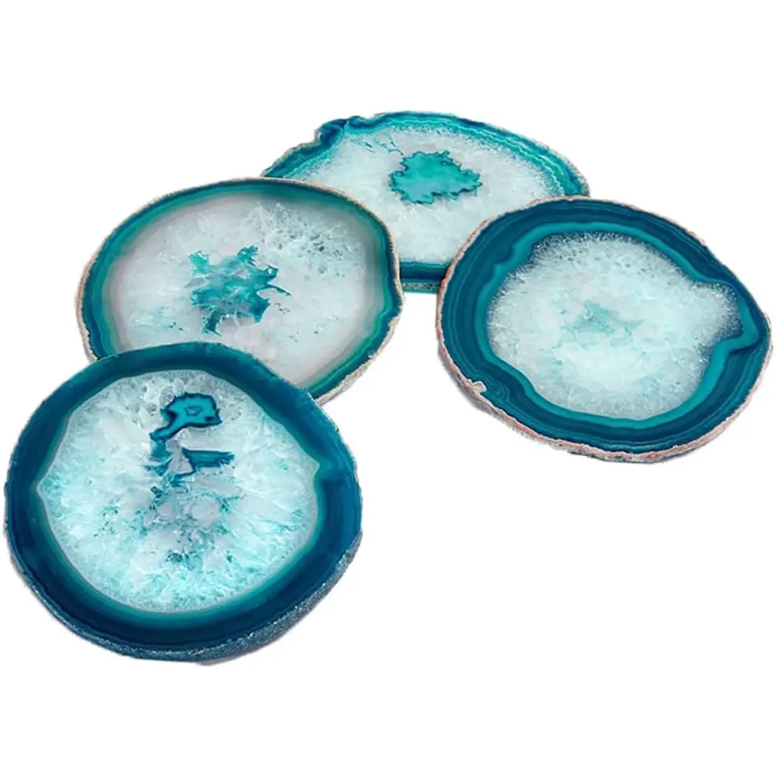 AMOYSTONE Teal Agate Coasters for Drinks - Set of 4 Geode Crystal Quartz Rock Slices with Rubber Bumpers 3-3.5" JYGems