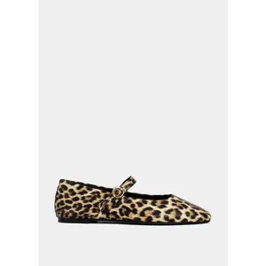 SHUSHOP Annabelle Women's Pointed Leopard Print Faux Leather Ballet Flat Shoe, Featuring Adjustable Strap, Rubber Sole and Buckle