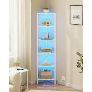 6-Tier Corner Bookshelf with LED Light,Corner Shelf for Small Space, Narrow Display Corner Shelf Stand with Storage Rack, for Living Room, Bedroom, Pure White V1BS05BW006L