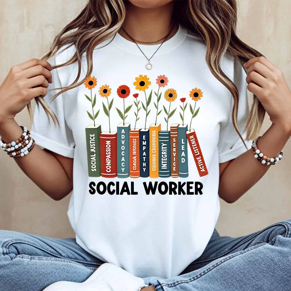 Book And Flower Social Worker Print T Shirt Casual Loose Fit For Everyday Wear And Leisure Activities