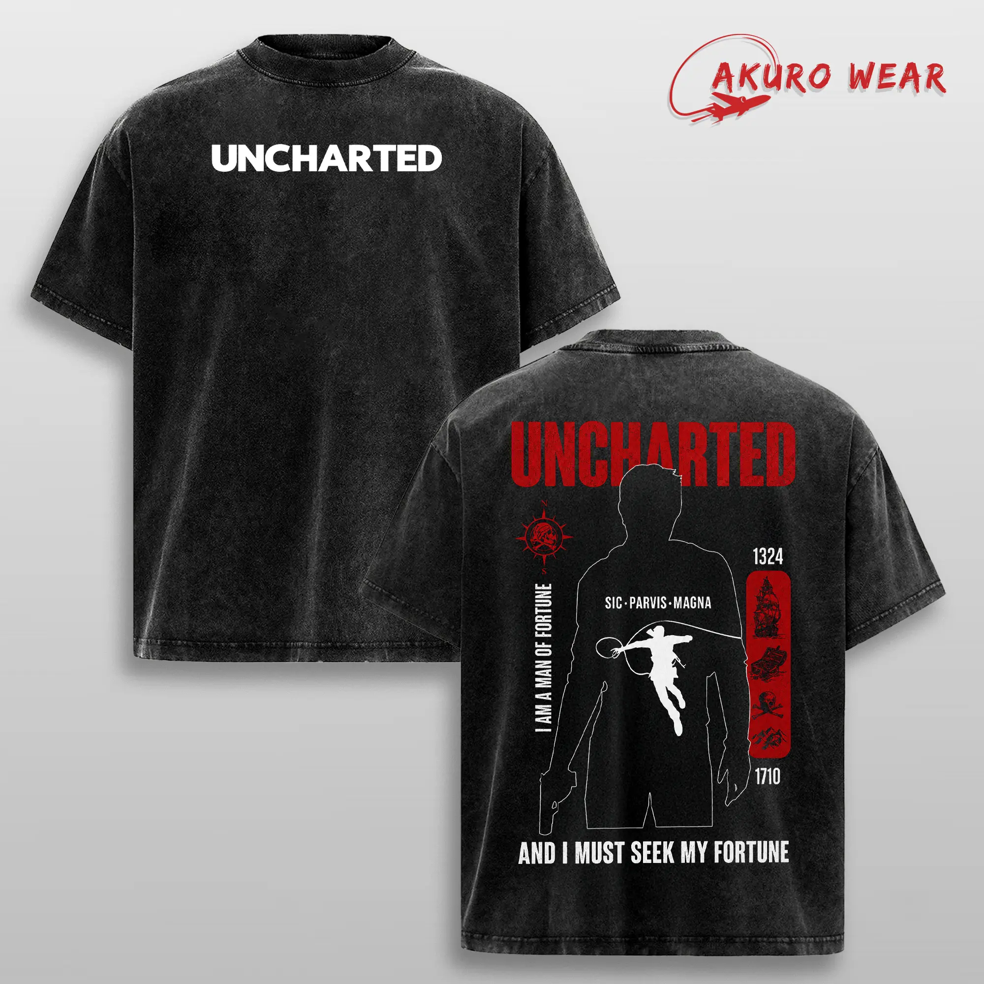 Uncharted Nathan Drake Acid Wash Oversized Gamer Tee Adventure Gaming Streetwear Heavy Cotton Shirt