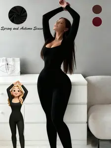 Black U-Shaped Neck And Long Sleeve Jumpsuit Suitable For Spring And Autumn