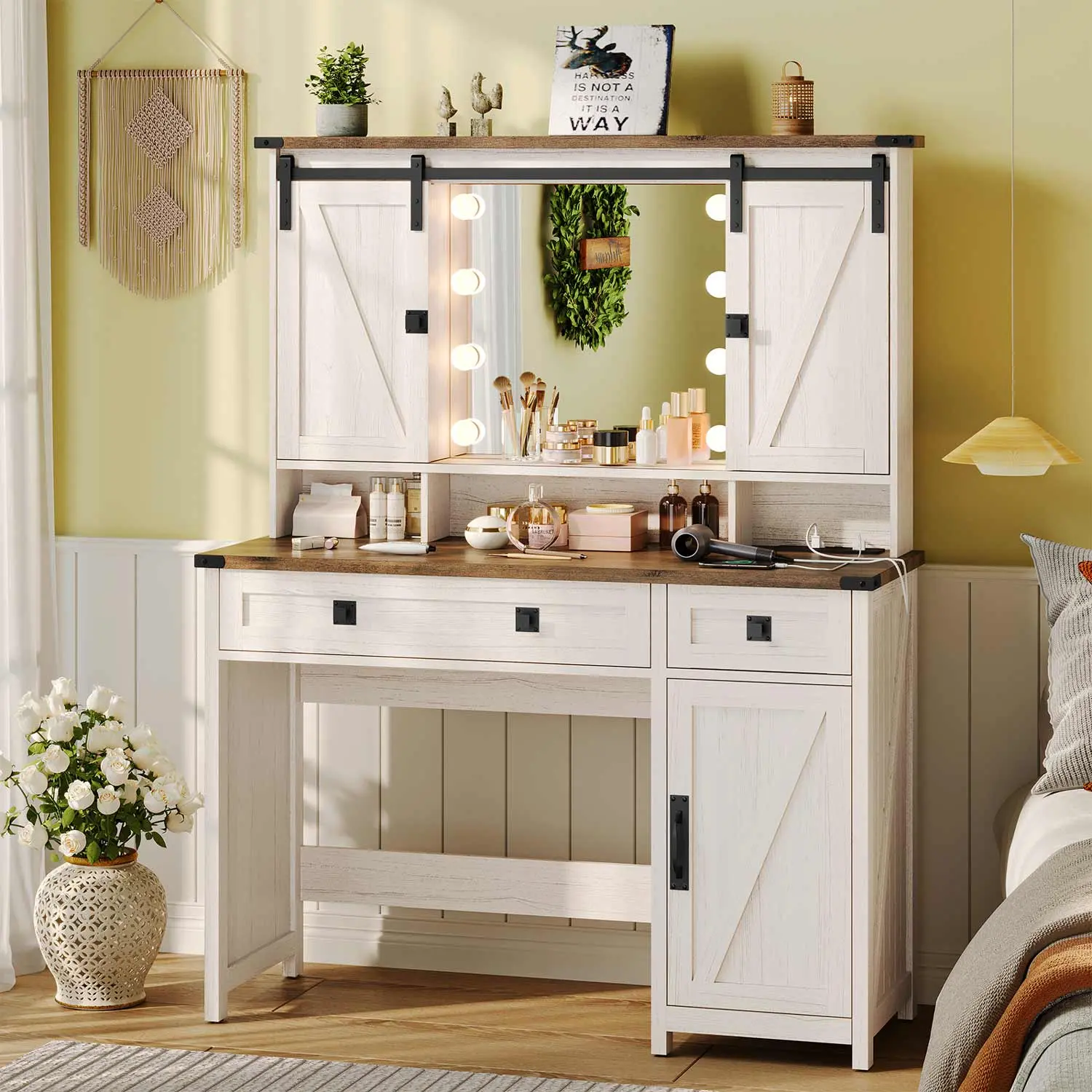 Makeup Vanity with LED Sliding Mirror Charging Station White